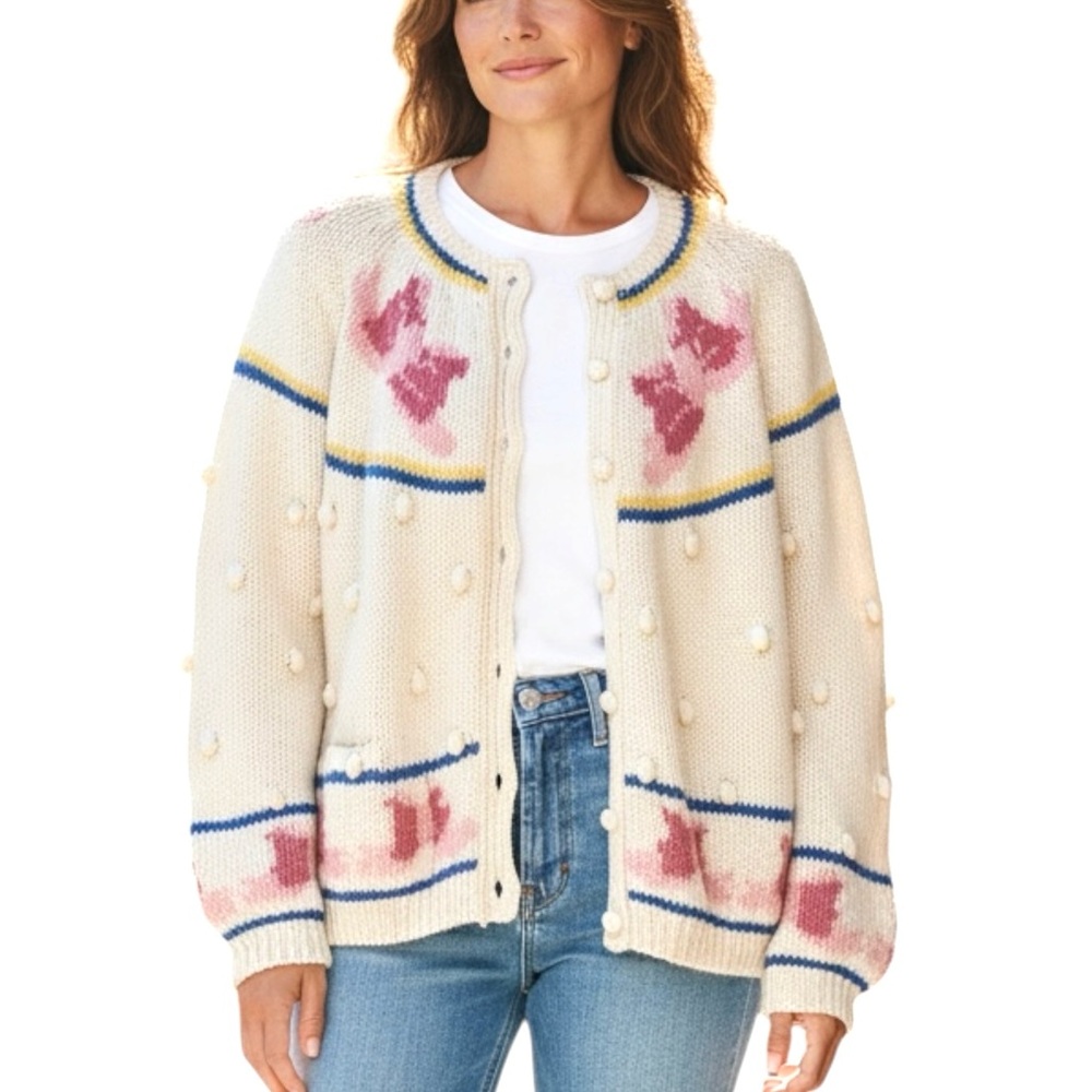 90’s VTG Eagle’s Eye Hand Knit Cream Cardigan, Pastel Accents & Baubles - Medium